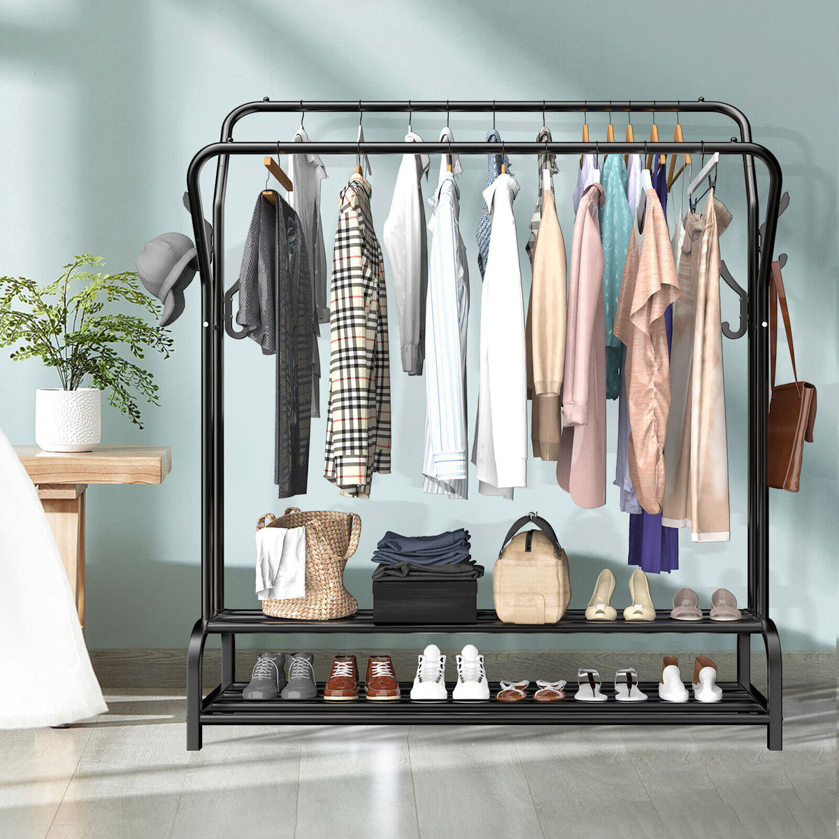 Heavy Duty Metal Double Clothes Rail Rack Garment Hanging Shoe Storage Shelf