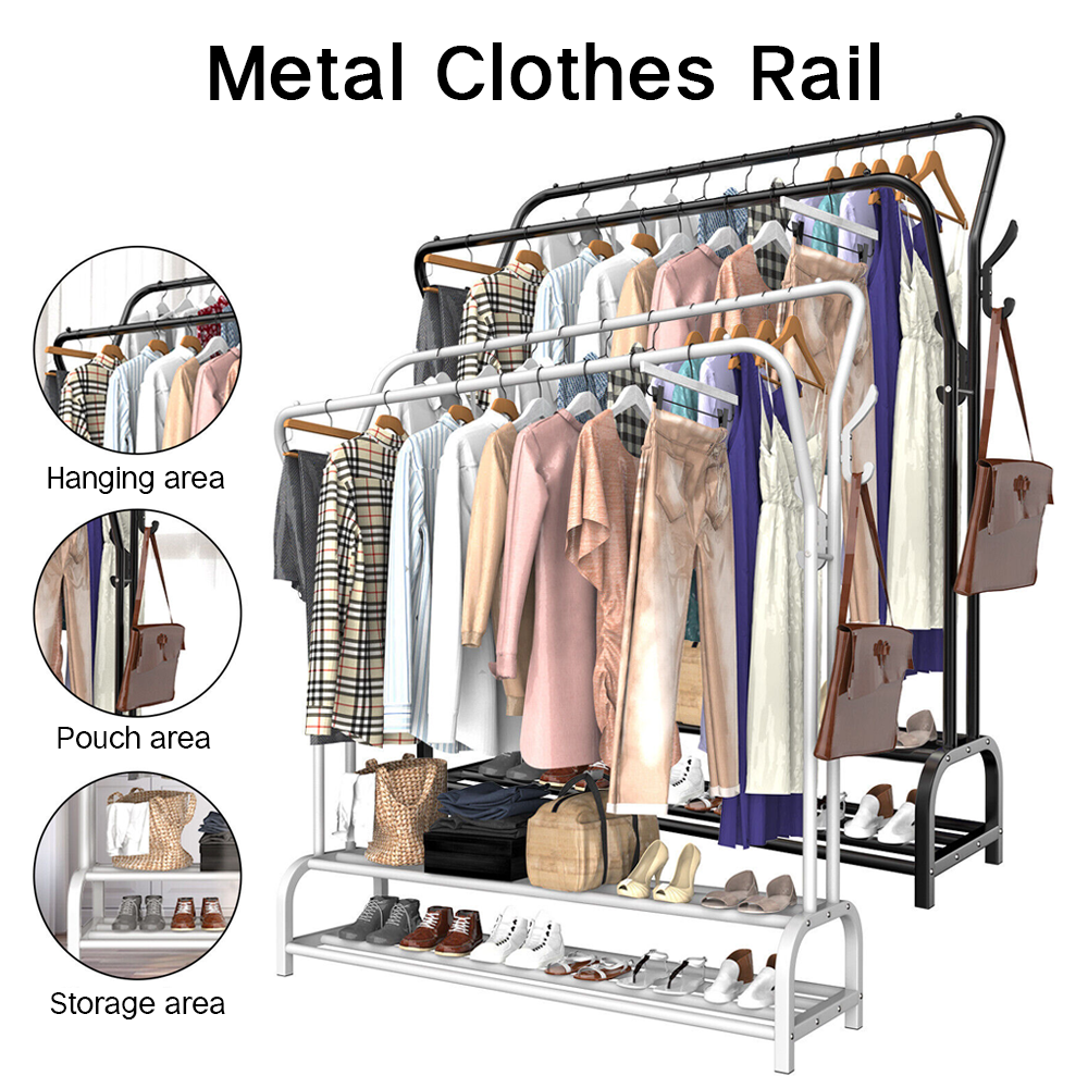 Heavy Duty Metal Double Clothes Rail Rack Garment Hanging Shoe Storage Shelf