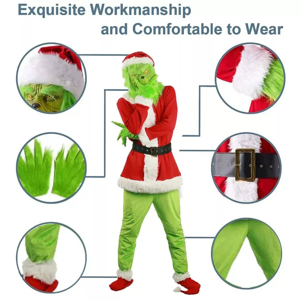 7pcs/ Adults The Grinch Costume(M,L,XL,2XL,3XL)