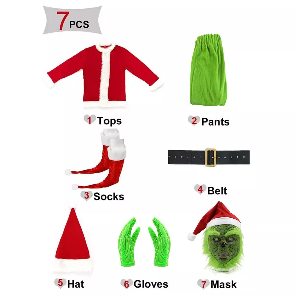 7pcs/ Adults The Grinch Costume(M,L,XL,2XL,3XL)