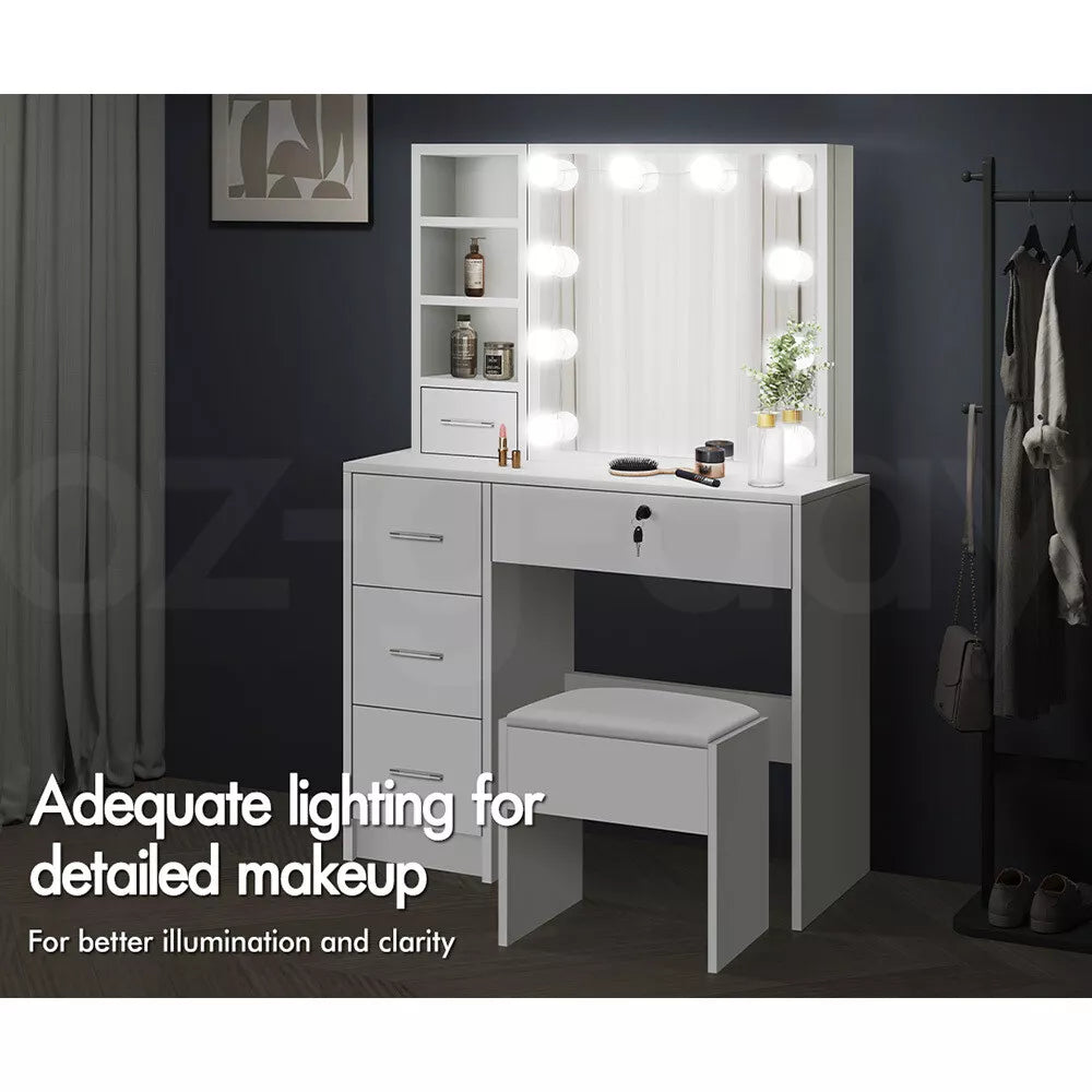 Dressing Table Stool Set Makeup Storage Desk LED 10 Bulbs White