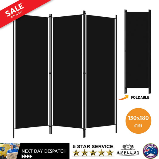 Freestanding Black Privacy Screen Partition 3-Panel Fabric