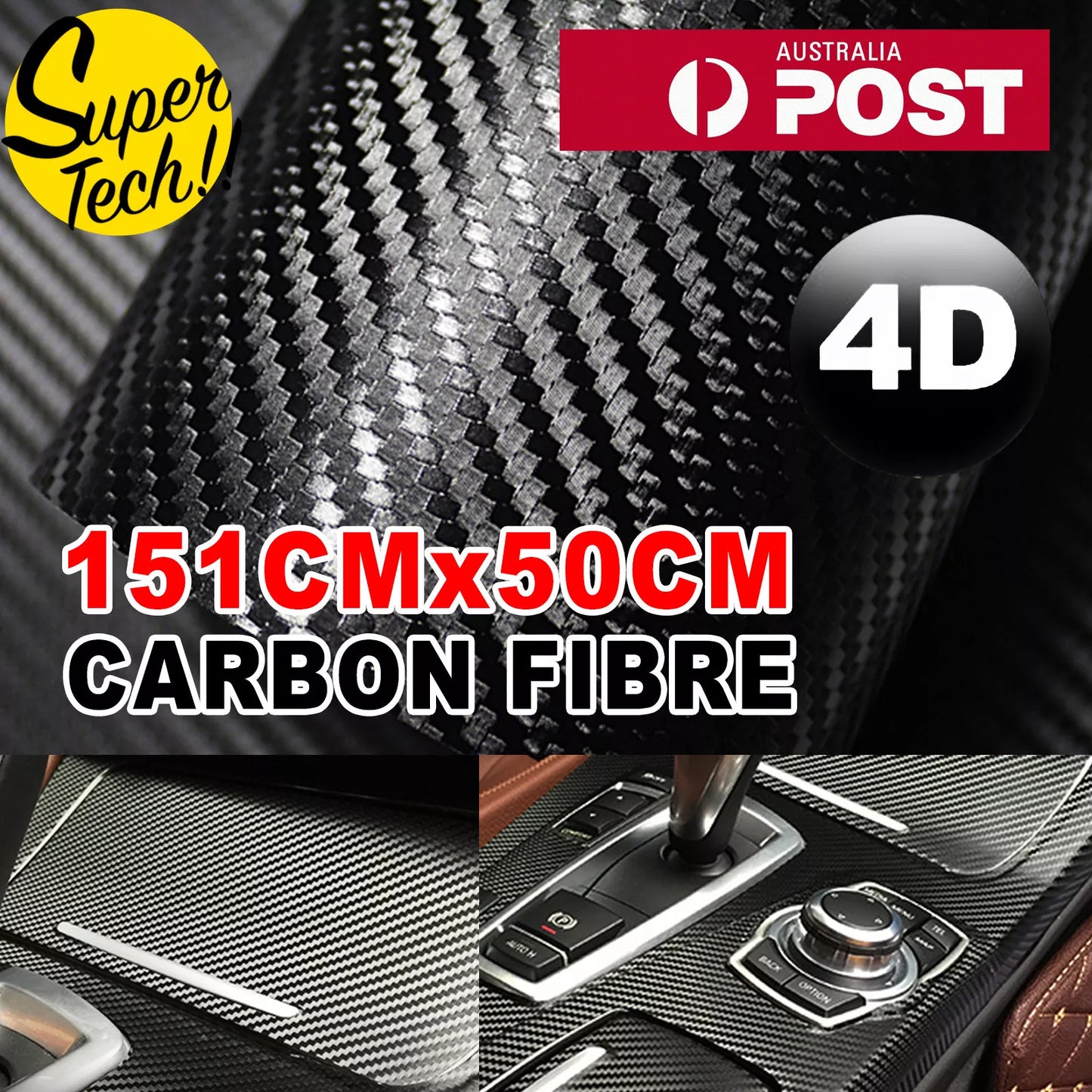 50cm x1.51M 4D Gloss Black Carbon Fiber