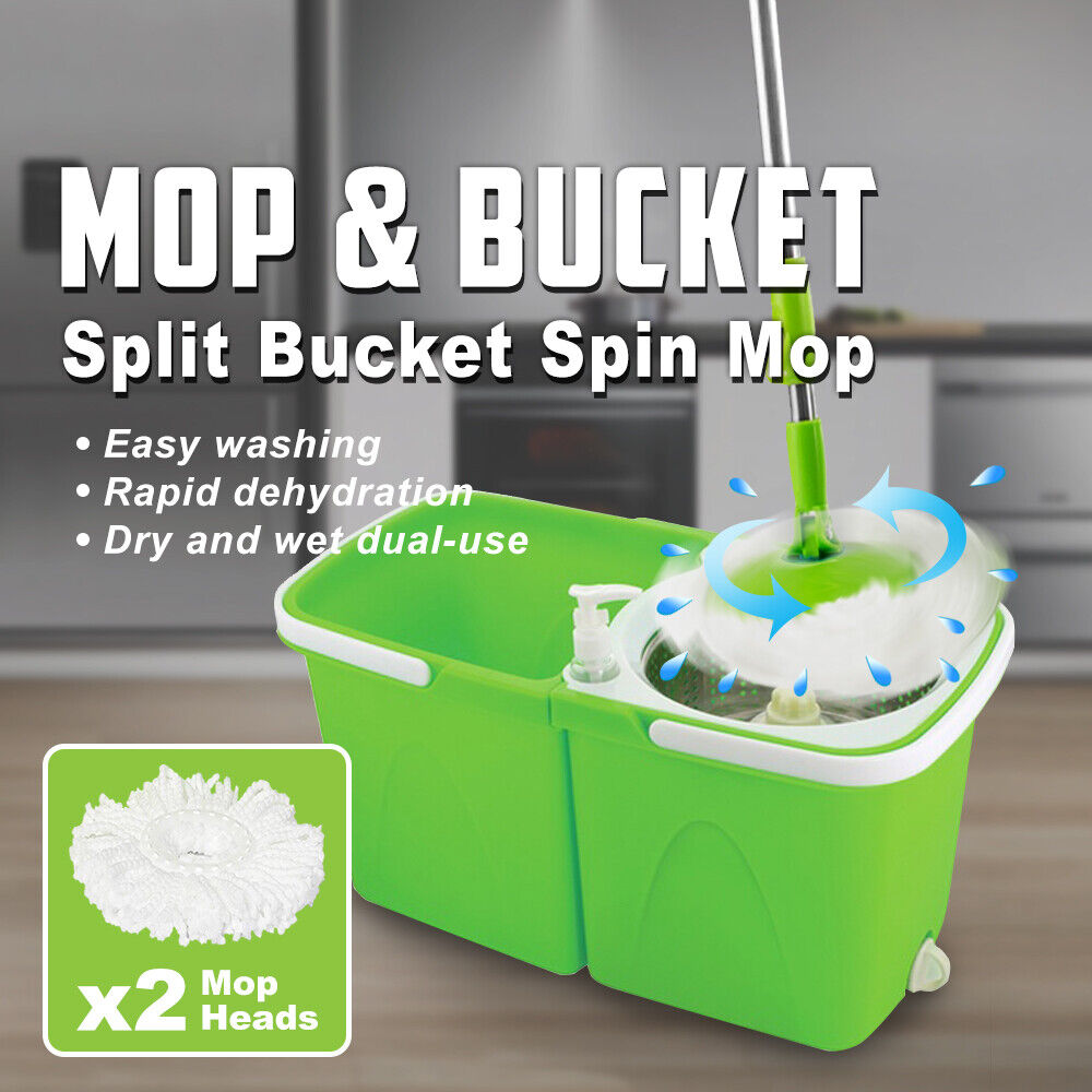 Split Bucket 360 Rotating Magic Spinning Spin Mop 2 Mop Heads