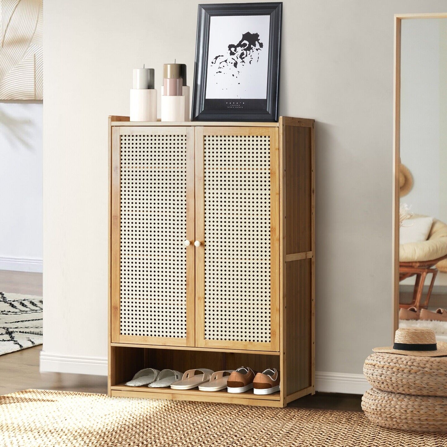 2 Doors Rattan Brown Shoe Cabinet