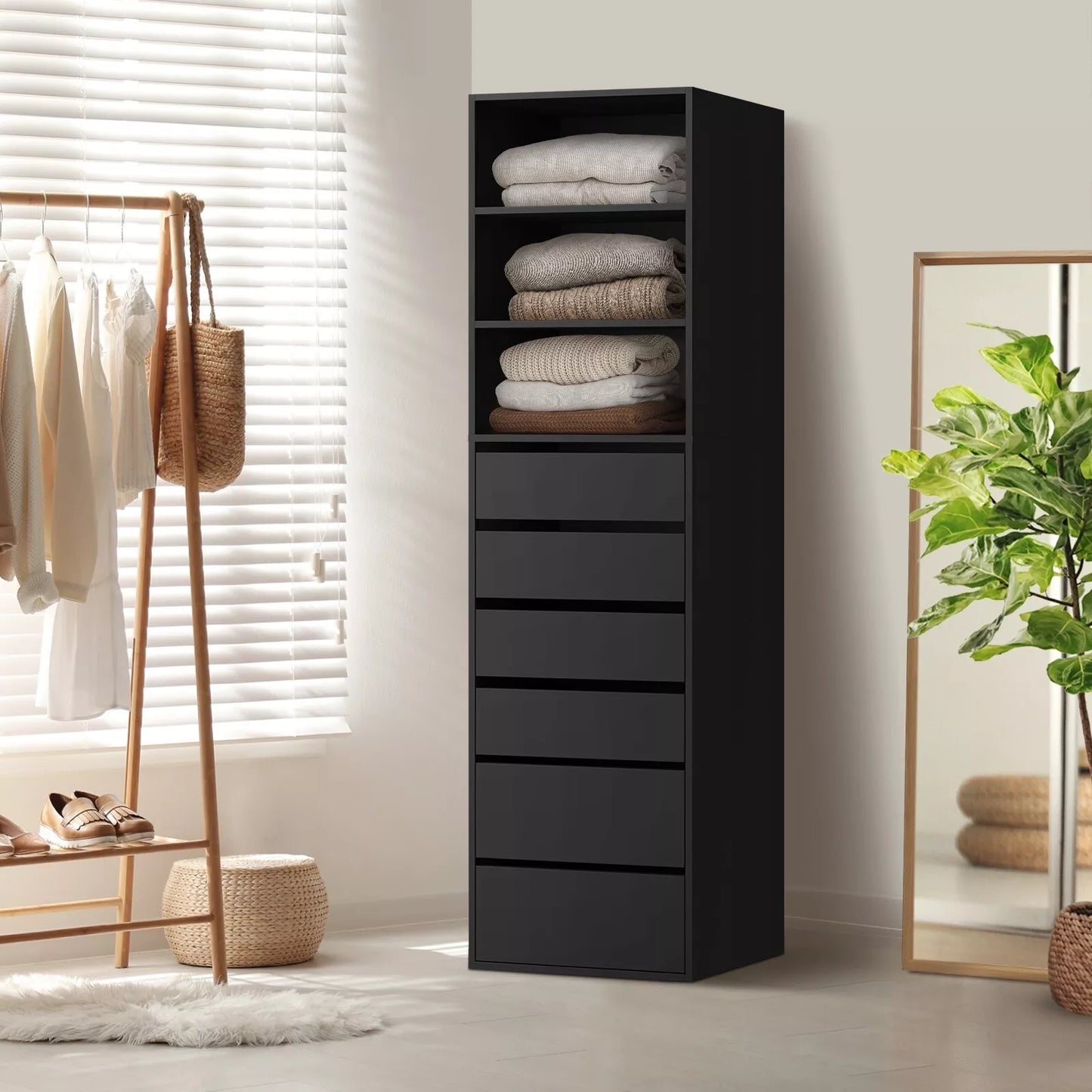 3 Shelves 6 Drawers Black Open Wardrobe