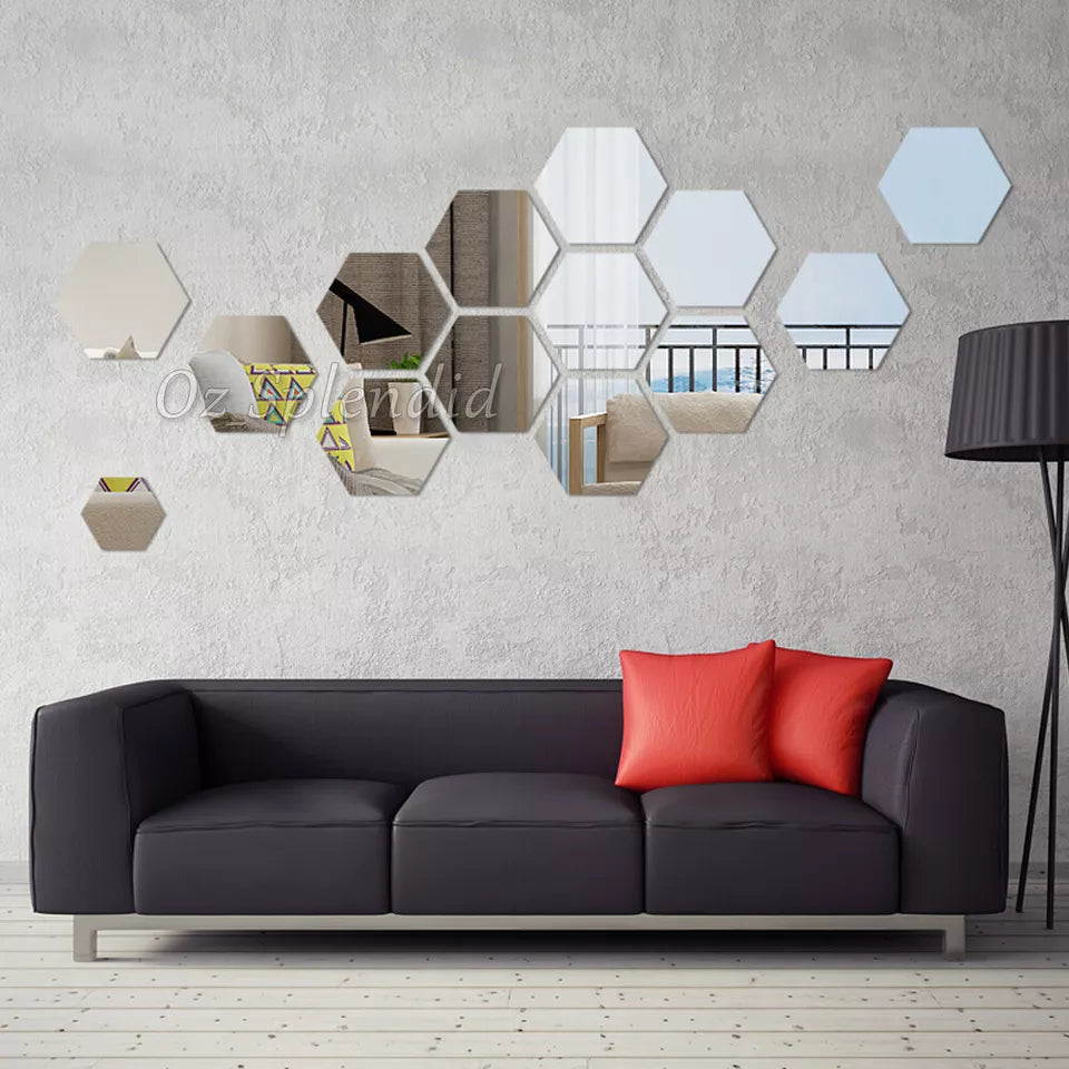 24x Mirror Hexagon Removable Acrylic Wall Stickers