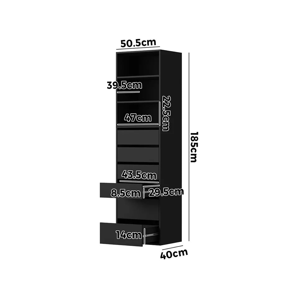 3 Shelves 6 Drawers Black Open Wardrobe