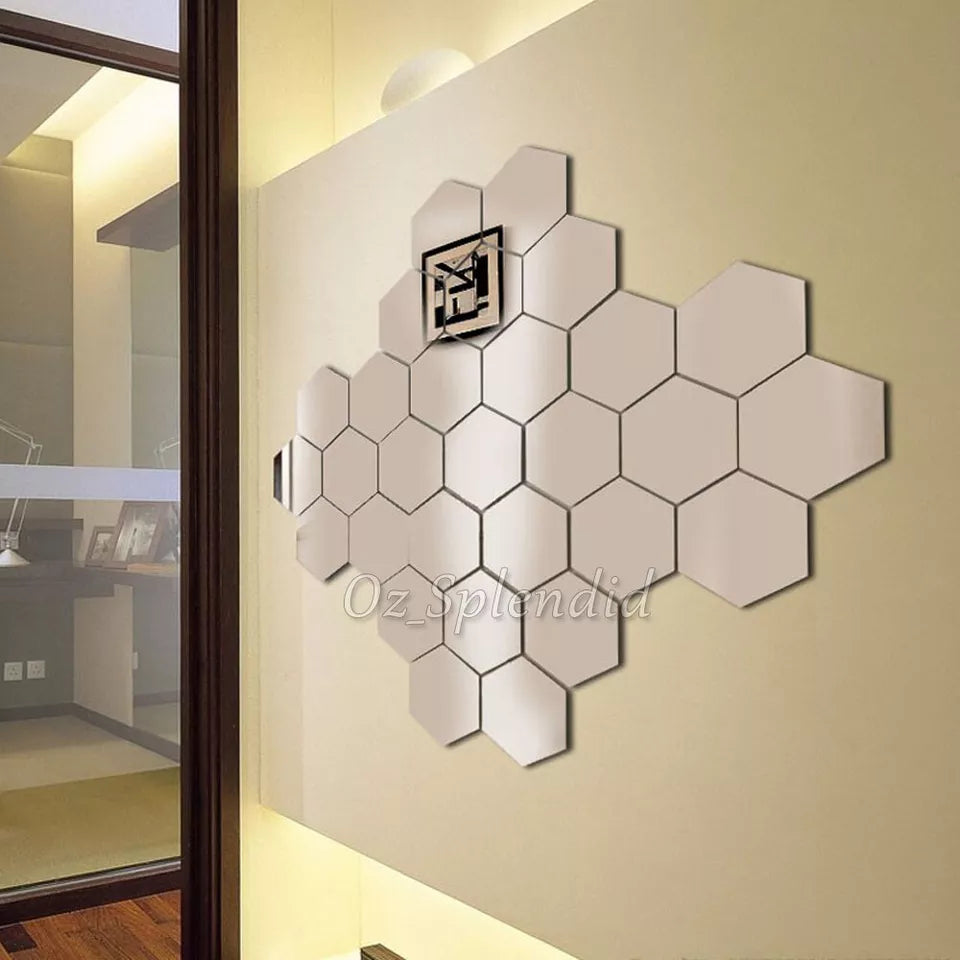 24x Mirror Hexagon Removable Acrylic Wall Stickers