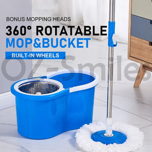 Spinning Mop Stainless Steel Bucket Easy Clean 2 Free Spin Mop Heads