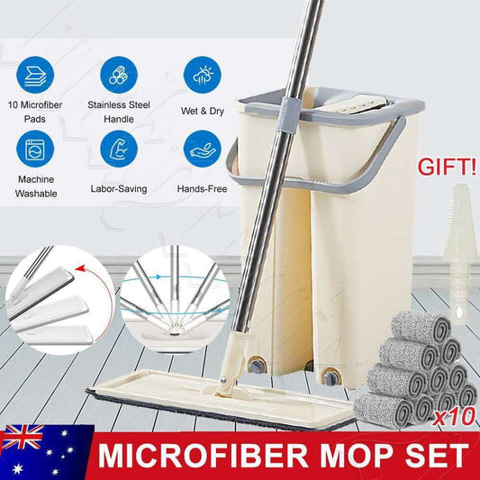 Mop Bucket Wet Dry Rinse Wash 360 Rotating Squeeze Flat Floor Cleaner with Pads