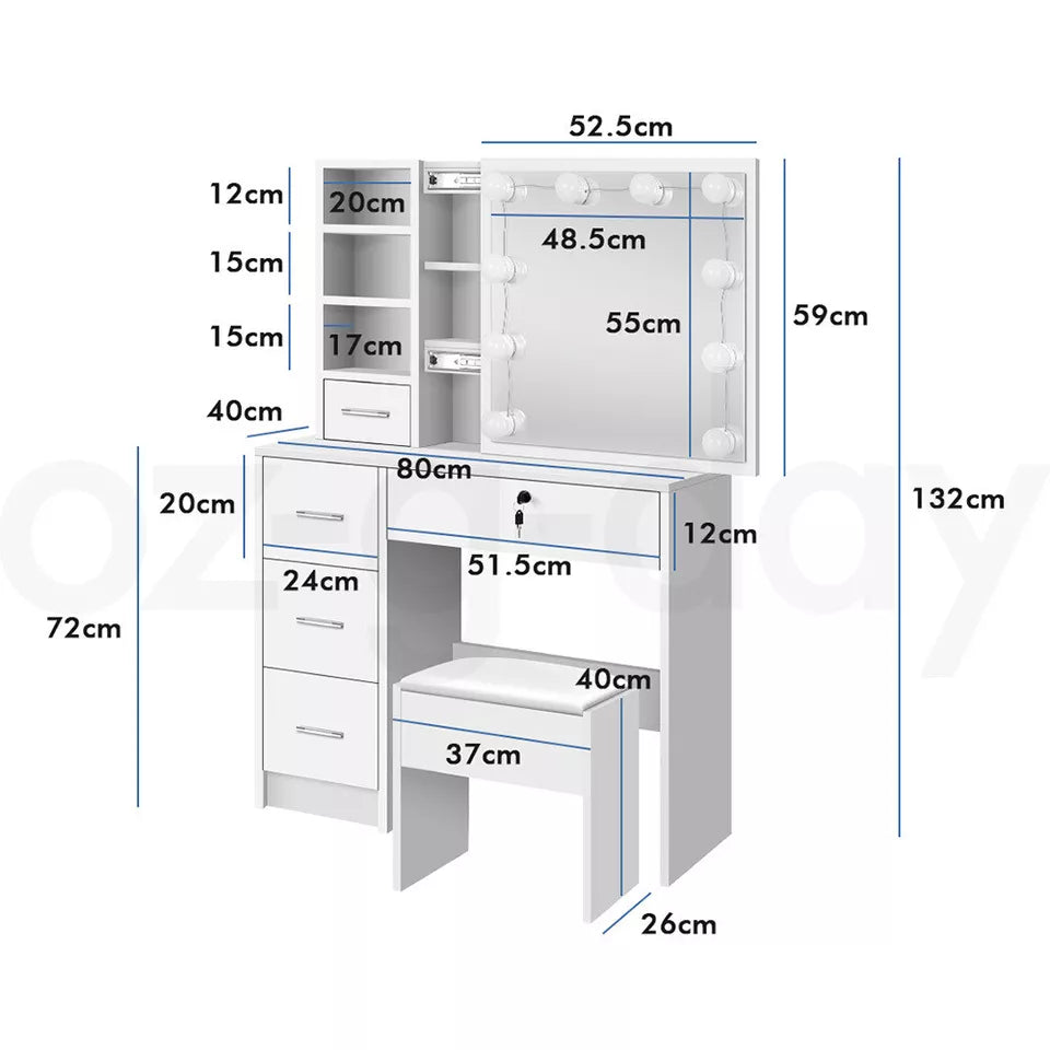 Dressing Table Stool Set Makeup Storage Desk LED 10 Bulbs White