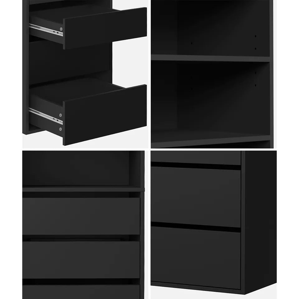 3 Shelves 6 Drawers Black Open Wardrobe